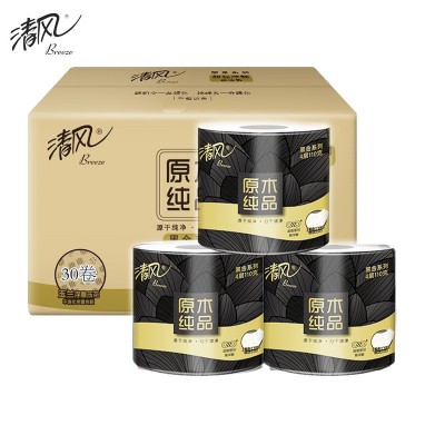 清风卷纸原木黑金4层110克30卷立体压花卫生纸整箱家用实惠卷筒纸图2