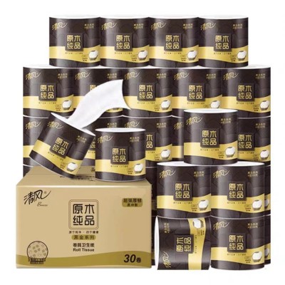 清风卷纸原木黑金4层110克30卷立体压花卫生纸整箱家用实惠卷筒纸图4
