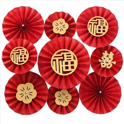 年宵花资材 批发新年福桶抱抱桶装饰材料春节福桶折扇 花艺纸扇花图2