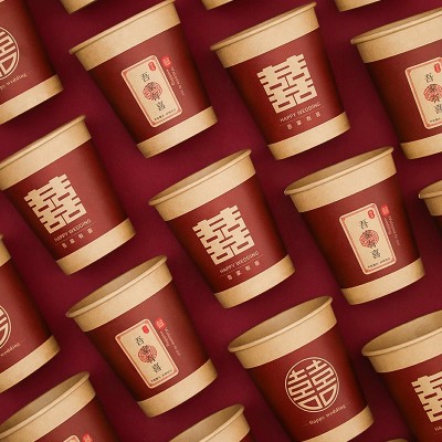 一次性喜杯子订婚宴结婚纸杯红色喜字水杯婚礼敬茶杯婚庆用 品批发图3