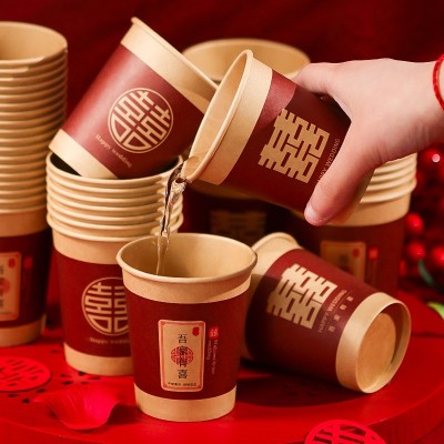 一次性纸杯子牛皮纸加厚纸杯豆浆奶茶杯防烫热饮茶杯批发喜庆纸杯图3