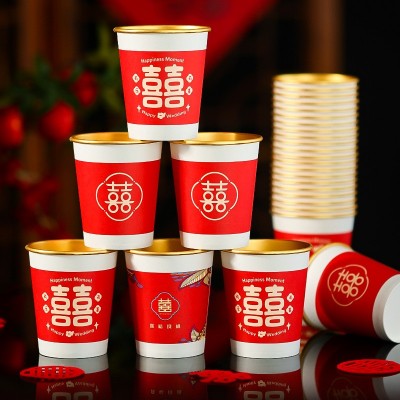 结婚金箔纸杯一次性喜杯子加厚订婚宴敬茶杯红色水杯50个一包代发图2