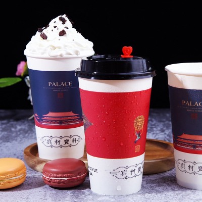 一次性奶茶纸杯双PE网红国潮奶茶打包500ml700ml加厚热饮冷饮纸杯图3