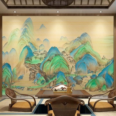 3D新中式千里江山图壁纸清明上河图背景餐厅饭店壁画茶室壁布墙纸图4