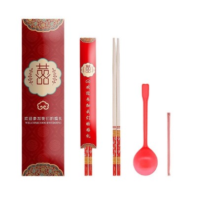 结婚一次性筷子婚礼宴席用品勺子牙签餐具包喜庆红色天然竹筷套装图3