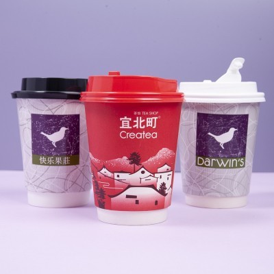 厂家定制一次性双层中空卡纸纸杯 带盖加厚隔热咖啡奶茶外带纸杯图2