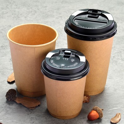 咖啡杯一次性加厚牛皮纸奶茶杯热饮杯豆浆杯子批有盖子可印logo图2